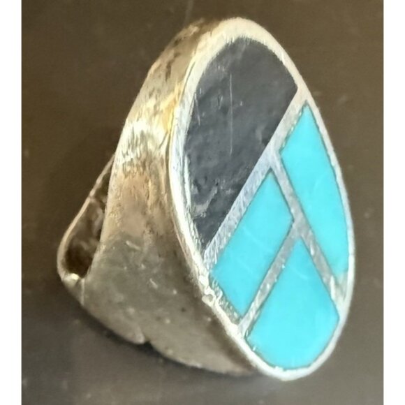 Vintage Sterling Silver Ring Size 6.5 Turquoise Onyx Southwestern Style READ - Picture 4 of 7